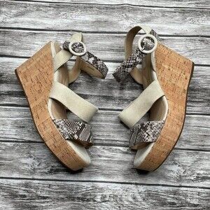 GEOX Respira Strappy Snakeskin Suede Wedges 4 Inch Cork Wedge 36.5 Cream Italian